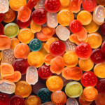 Bunte Gummibonbons in Orange, Rot und Weiß mit Fruchtmotiven, dicht gestreut | Colorful gummy candies in orange, red and white with fruit motifs, densely scattered