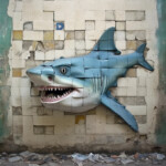 Blauer Hai aus Keramikfliesen bricht aus verwitterter Ziegelwand, offenes Maul | Blue ceramic-tiled shark bursting through weathered brick wall, open jaws exposed