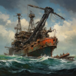 Rostiges Wrack eines Industrieschiffs mit Kränen treibt auf stürmischer See | Rusty industrial shipwreck with cranes drifting on stormy seas