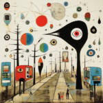 Surrealistische Stadtszene mit schwarzem Vogelwesen, schwebenden Augen und bunten Kreisen | Surrealist cityscape with black bird creature, floating eyes and colorful spheres