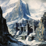 Fantasieburg in verschneiter Berglandschaft, Aquarell in Blau- und Grautönen | Fantasy fortress in snowy mountain landscape, watercolor in blue and grey tones