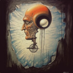 Surreales Profil eines verwitterten Gesichts mit roter Kugelschädelkappe, Rad und tropfenden Linien | Surreal profile of a weathered face with red dome skull, dripping lines and a wheel motif