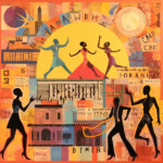 Farbenfrohes Collage-Gemälde mit tanzenden Silhouetten, Notenblättern und Stadtkulisse | Colorful collage painting with dancing silhouettes, sheet music, and urban skyline