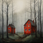 Zwei rote Holzhäuser im nebligen Winterwald mit kahlen Bäumen | Two red wooden houses in a misty winter forest with bare trees