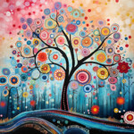 Abstrakter Lebensbaum mit bunten Kreisen und Blüten in leuchtendem Acryl | Abstract tree of life with colorful circles and blossoms in vibrant acrylic