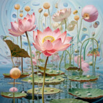 Surrealistische Lotusblüten in Rosa über Seerosenblättern mit schwebenden Kugeln | Surrealistic pink lotus flowers over lily pads with floating spheres in dreamy water scene