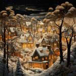 Verschneites Winterdorf bei Nacht, erleuchtete Häuser zwischen kahlen Bäumen | Snowy winter village at night, illuminated houses among bare trees