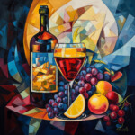 Kubistisches Stillleben: Rotweinflasche, gefülltes Glas, Trauben, Zitrone und Pfirsich | Cubist still life: red wine bottle, filled glass, grapes, lemon and peach