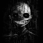 Gruseliges Skelett-Gesicht mit breitem Grinsen, schwarze Augen, düstere Kratzer-Textur | Creepy skull face with wide grin, black eyes, dark scratch texture