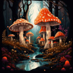 Fantasiewald mit riesigen roten Fliegenpilzen und leuchtendem Bach bei Nacht | Fantasy forest with giant red fly agarics and glowing stream at night