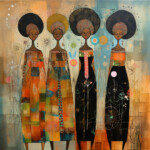 Vier stilisierte Frauen mit Afro-Frisuren in bunten Gewändern, abstraktes Gemälde | Four stylized women with afro hairstyles in colorful robes, abstract painting