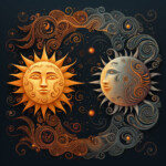 Goldene Sonne und silberner Mond mit menschlichen Gesichtern, umrankt von Spiralornamen | Golden sun and silver moon with human faces, surrounded by swirling spiral ornaments