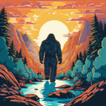 Bigfoot-Silhouette läuft auf Sonnenuntergang im Bergtal mit Fluss zu | Bigfoot silhouette walks toward sunset in mountain valley with river