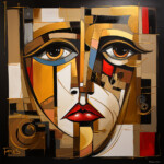 Kubistisches Gesicht in Gold, Rot und Blau mit markanten Augen und roten Lippen | Cubist face in gold, red and blue with striking eyes and red lips