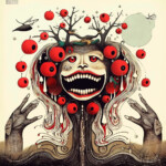 Surreale Kreatur mit breitem Grinsen, kahlem Baum als Kopfschmuck und roten Äpfeln | Surreal creature with wide grin, bare tree as headdress and floating red apples