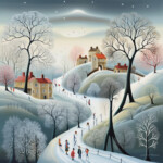 Märchenhafte Winterlandschaft mit Dorf, kahlen Bäumen und spielenden Figuren im Schnee | Fairy-tale winter village scene with bare trees and figures playing in snow