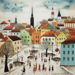 Naiver Stadtplatz mit bunten Häusern, Kirchtürmen, Menschen und Vögeln | Naive town square with colorful houses, church spires, people and birds