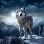 Grauer Wolf steht auf schneebedecktem Felsen vor Mondlicht und Winterbergen | Grey wolf standing on snow-covered rock with moonlight and winter mountains behind
