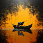 Schwarzer Stier steht in einem Holzboot auf goldenem Wasser, surreales Ölgemälde | Black bull standing in a wooden boat on golden water, surreal oil painting