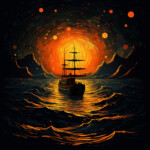 Segelschiff-Silhouette auf bewegtem Meer vor glutrot-wirbelndem Himmel | Sailing ship silhouette on turbulent sea beneath swirling fiery orange sky