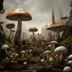 Surreale Pilzlandschaft mit riesigen braunen Pilzen, Felsen und nebligen Türmen | Surreal mushroom landscape with giant brown fungi, rocks and misty towers