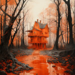 Oranges viktorianisches Holzhaus mit Veranden in unheimlichem Herbstwald mit rotem Wasser | Orange Victorian wooden house with porches in eerie autumn forest with red reflective water