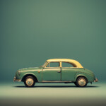 Mintgrünes Vintage-Spielzeugauto mit cremefarbenem Dach, Seitenansicht | Mint green vintage toy car with cream-colored roof, side view