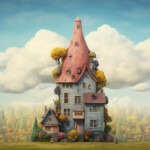 Fantasievolles mehrstöckiges Holzhaus mit rosa Spitzturm, bunten Bäumen und Wolken | Whimsical multi-story wooden house with pink spire tower, colorful trees and clouds