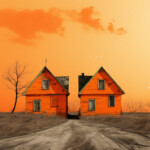Zwei verfallene orangefarbene Holzhäuser an staubiger Straße unter orangem Himmel | Two decayed orange wooden houses on dusty road beneath vivid orange sky