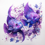 Zwei ornamentale Fische in Lila und Blau, umgeben von floralen Ranken, Aquarell | Two ornamental fish in purple and blue, surrounded by floral tendrils, watercolor