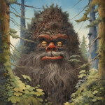 Riesiger bärtiger Waldtroll mit gelbglühenden Augen zwischen Bäumen, Illustration | Giant bearded forest troll with glowing yellow eyes among trees, illustration