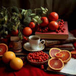 Stillleben mit Blutorangen, roten Beeren, Kaffeetasse und alten Büchern auf rotem Tuch | Still life with blood oranges, red berries, coffee cup and old books on red cloth