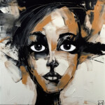 Abstraktes Acrylgemälde: Frauengesicht mit intensivem Blick in Schwarz, Weiß und Ocker | Abstract acrylic painting: woman's face with intense gaze in black, white and ochre