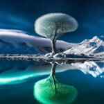 Leuchtender Fantasiebaum mit rundem Kronendach spiegelt sich in arktischem See, Schneeberge | Glowing fantasy tree with round canopy reflected in arctic lake, snow-capped mountains at night