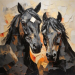 Zwei schwarze Pferdeköpfe, abstraktes Ölgemälde in Grau, Orange und Beige | Two black horse heads, abstract oil painting in grey, orange and beige
