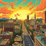 Manga-Stadtpanorama mit breiter Allee, Hochhäusern und orangem Sonnenuntergang | Manga-style cityscape with wide boulevard, skyscrapers and vivid orange sunset sky