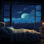 Schlafzimmer bei Nacht, zerknülltes Bett, Mondlicht über nächtlicher Stadtsilhouette | Bedroom at night, rumpled bed, moonlight over nocturnal city skyline