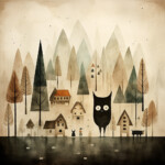 Märchenhafte Illustration: riesiges schwarzes Monster zwischen Häusern und spitzen Bäumen | Whimsical illustration: giant black monster among houses and pointed trees in muted tones