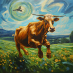 Springender brauner Longhorn-Stier über Blumenwiese, Van-Gogh-Stil, Libelle im Wirbelwind | Leaping brown longhorn bull over flower meadow, Van Gogh style, dragonfly in swirling sky