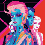 Vier stilisierte Frauenporträts in Neonfarben: Blau, Pink und Rot im Pop-Art-Stil | Four stylized female portraits in neon colors: blue, pink and red in pop art style