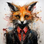 Expressives Fuchs-Portrait in schwarzer Lederjacke, orangefarbenes Fell, Farbtropfen | Expressive fox portrait in black leather jacket, orange fur, paint drips, splatter art style