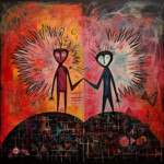 Zwei abstrakte Wesen mit Strahlenkronen reichen sich die Hände, expressiver roter Hintergrund | Two abstract beings with radiant crowns shake hands, expressive red background