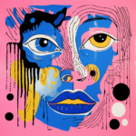 Abstraktes Gesicht in Blau, Pink und Gelb mit asymmetrischen Augen, Pop-Art-Stil | Abstract face in blue, pink and yellow with asymmetric eyes, pop art style