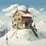 Surreales Berghaus auf verschneitem Gipfel mit Miniatur-Figuren und Flagge | Surreal mountain house on snowy peak with miniature figures and flag on roof