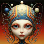 Surreales Gesicht mit blauen Augen, ornamentalem Helm und schwebenden Kugeln | Surreal face with blue eyes, ornamental helmet and floating spheres