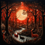 Mystischer Rotwald mit Hirschen an einem Bach unter leuchtender Mondscheibe | Mystical red forest with deer by a stream beneath a glowing moon disc