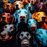 Digitale Kunst: Viele Hundegesichter in leuchtenden Farben – Blau, Rot, Orange, Schwarz | Digital art: Many dog faces in vivid colors – blue, red, orange, black, densely packed