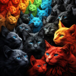 Digitale Illustration: Viele Katzen in leuchtenden Farben – Rot, Blau, Grün, Grau | Digital illustration: Many cats in vivid colors – red, blue, green, gray