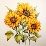 Drei Sonnenblumen mit goldgelben Blüten und grünen Blättern, Aquarellzeichnung | Three sunflowers with golden-yellow petals and green leaves, watercolor drawing