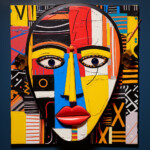 Abstraktes Gesicht in Pop-Art-Collage mit gelb, blau, rot, geometrischen Mustern | Abstract face in pop-art collage with yellow, blue, red and geometric patterns